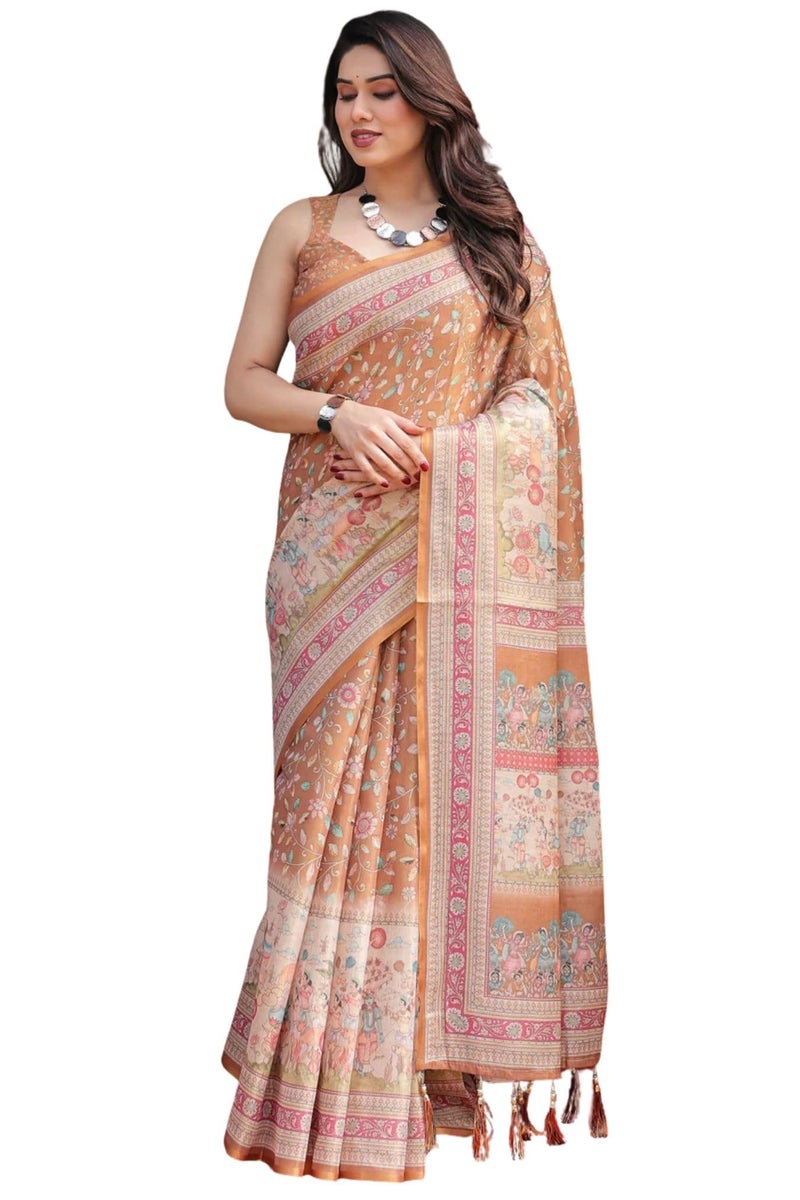 SGF11 Women's Cotton Linen Silk Saree With Unstitched Blouse Piece (Brown) - Image 1
