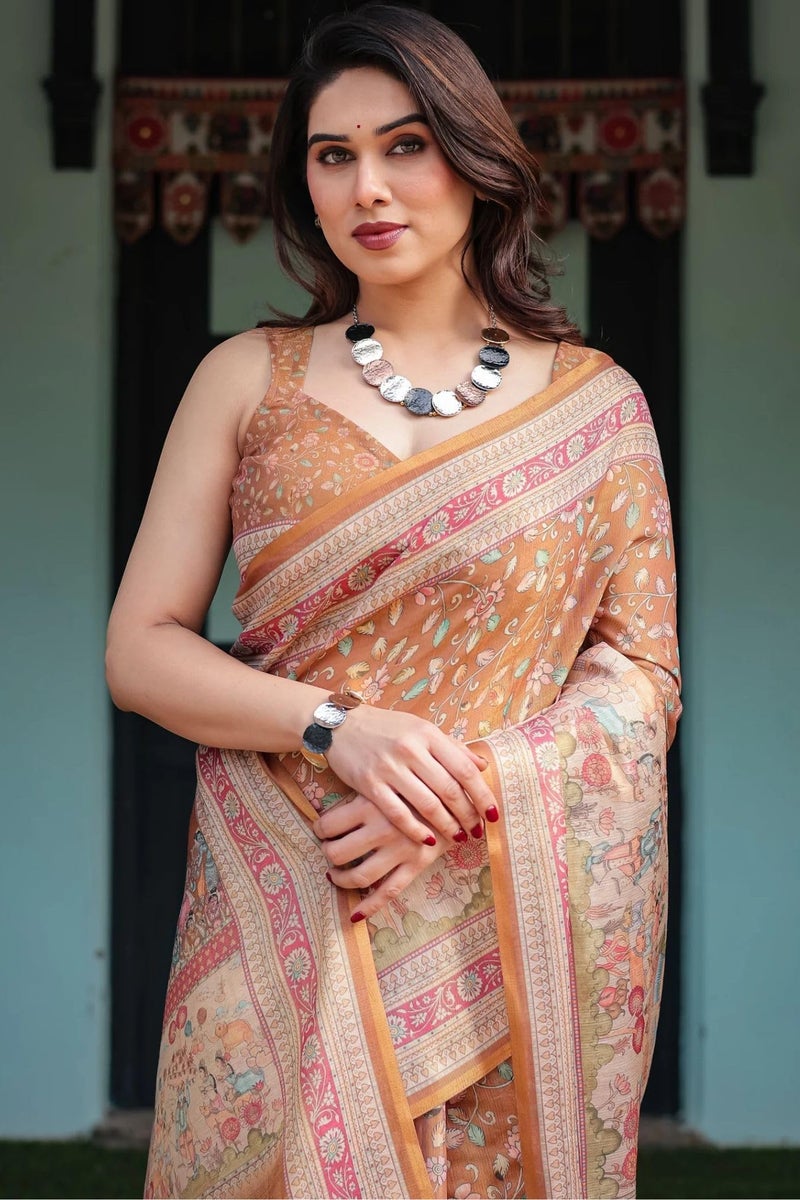 SGF11 Women's Cotton Linen Silk Saree With Unstitched Blouse Piece (Brown) - Image 5