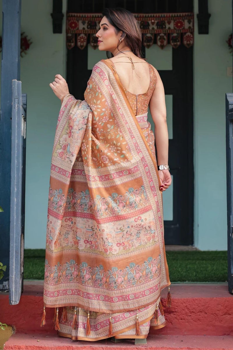 SGF11 Women's Cotton Linen Silk Saree With Unstitched Blouse Piece (Brown) - Image 4