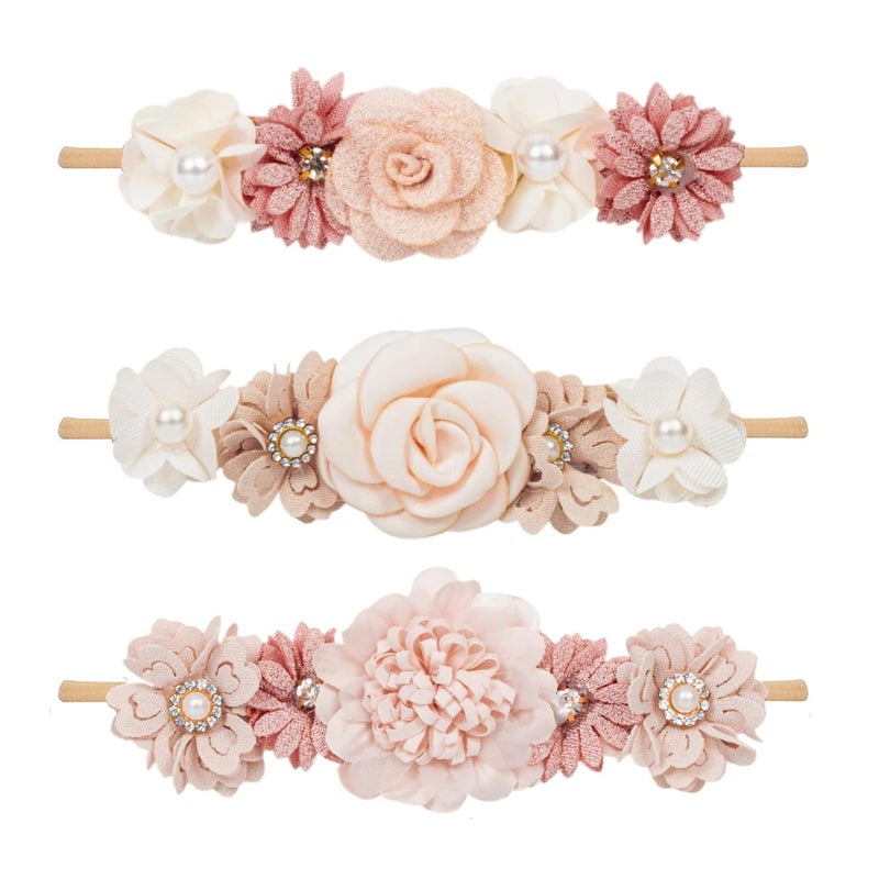 Mealah Baby Girls FlowerHeadband ElasticNylon Hairbands Floral Crown for Newborn Infant Toddler Pack of 3 - Image 1
