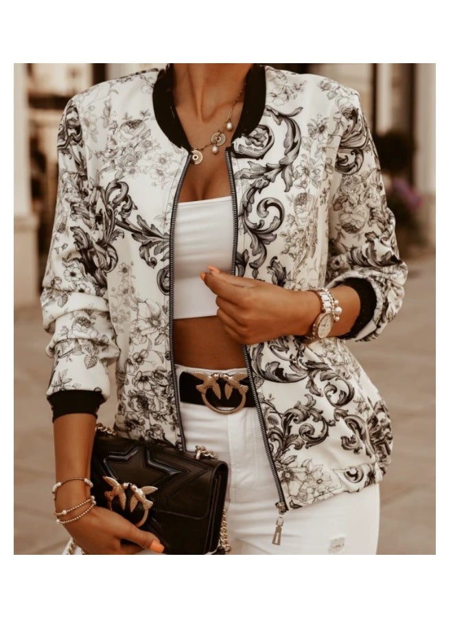 general Women's Floral Print Long Sleeve Stand Collar Zip Up Coats Fall Lightweight Bomber Cropped Jacket Outwear - Image 1