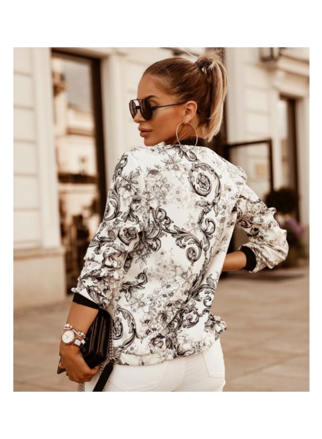general Women's Floral Print Long Sleeve Stand Collar Zip Up Coats Fall Lightweight Bomber Cropped Jacket Outwear - Image 2