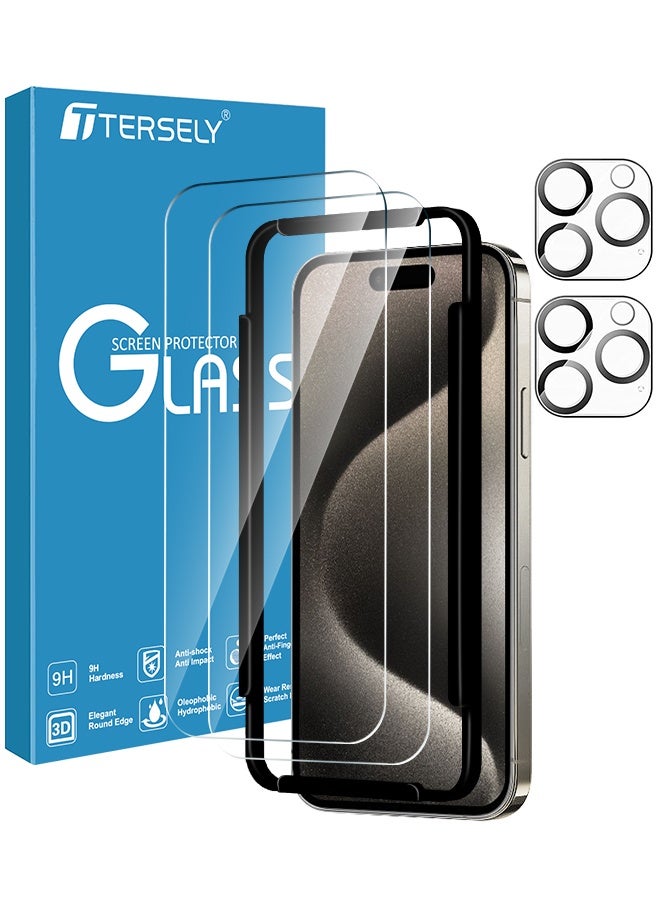 Tersely [2+2] 2Pack Tempered Glass Screen Protector for iPhone 15 Pro Max [6.7 inch] with 2Pack Camera Lens Protector and Installation Alignment Frame Premium HD Case Friendly Film for Apple iPhone - Image 1