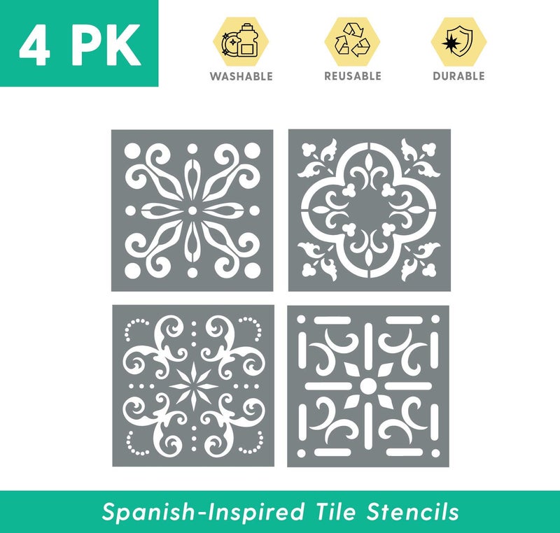 I Like That Lamp Pack of 4 Tile Stencil Set (6 x 6 inches), Mexican Pattern, Reusable Stencils for Painting Floors/Walls/Furniture, Fits 6â€ x 6â€ Tiles, DIY Talavera Mosaic Home Decor, Made in USA - Image 2