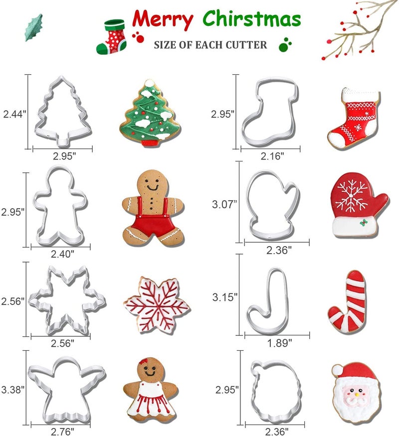 Q-BAKER Christmas Cookie Cutters, 8Pcs Winter Holiday Cookie Cutter Set, Stainless Steel Metal Cutter with Gingerbread Men,Christmas Tree,Snowflake, Candy Cane, Angel, Santa Face,Stocking,Mitten - Image 3