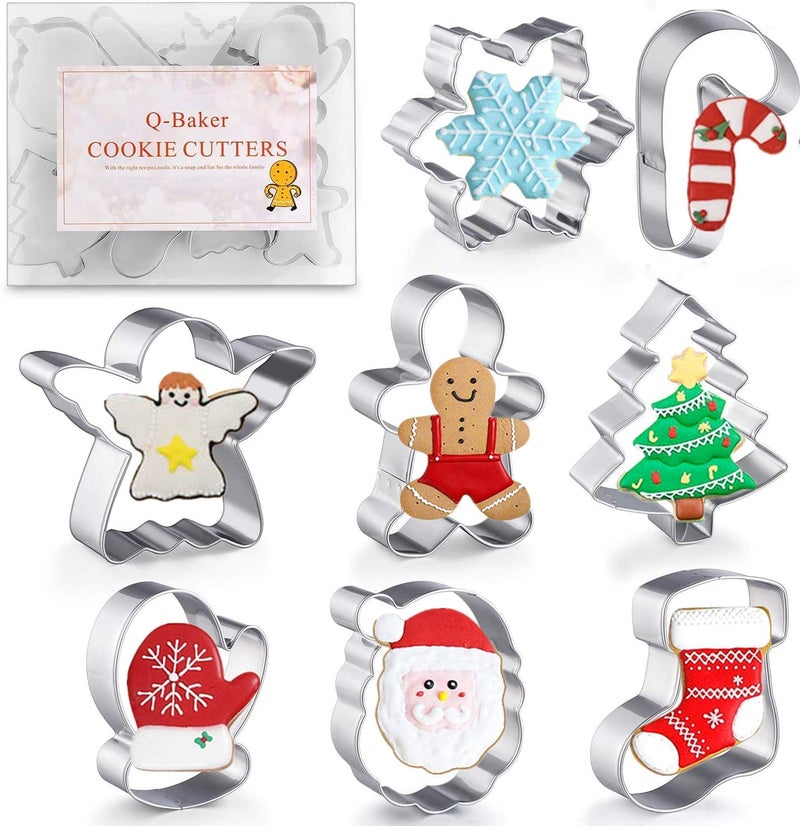 Q-BAKER Christmas Cookie Cutters, 8Pcs Winter Holiday Cookie Cutter Set, Stainless Steel Metal Cutter with Gingerbread Men,Christmas Tree,Snowflake, Candy Cane, Angel, Santa Face,Stocking,Mitten - Image 1
