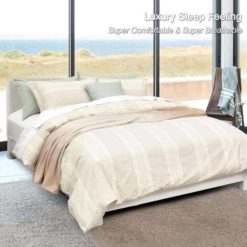 David's Home 100% Washed Cotton Duvet Cover Set Queen Size, Chambray Stripe Duvet Cover with Pillow Shams, 3pcs Ultra Soft and Breathable Bedding, includes 1 x 230 cm x 230 cm and 2 x 50 cm x 65 cm Pillow Shams, Beige Linen - Image 3