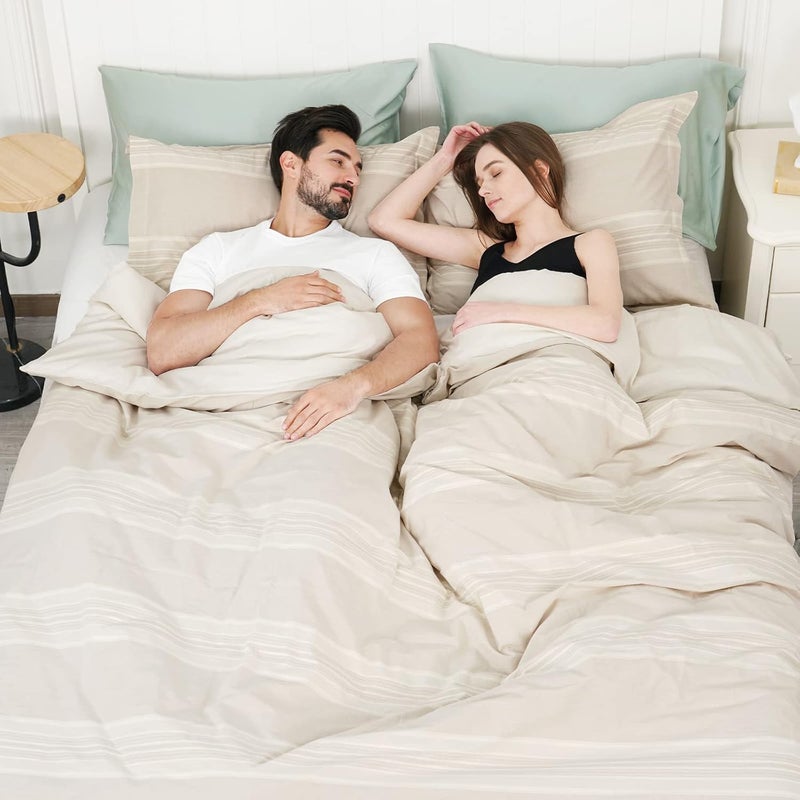 David's Home 100% Washed Cotton Duvet Cover Set Queen Size, Chambray Stripe Duvet Cover with Pillow Shams, 3pcs Ultra Soft and Breathable Bedding, includes 1 x 230 cm x 230 cm and 2 x 50 cm x 65 cm Pillow Shams, Beige Linen - Image 4