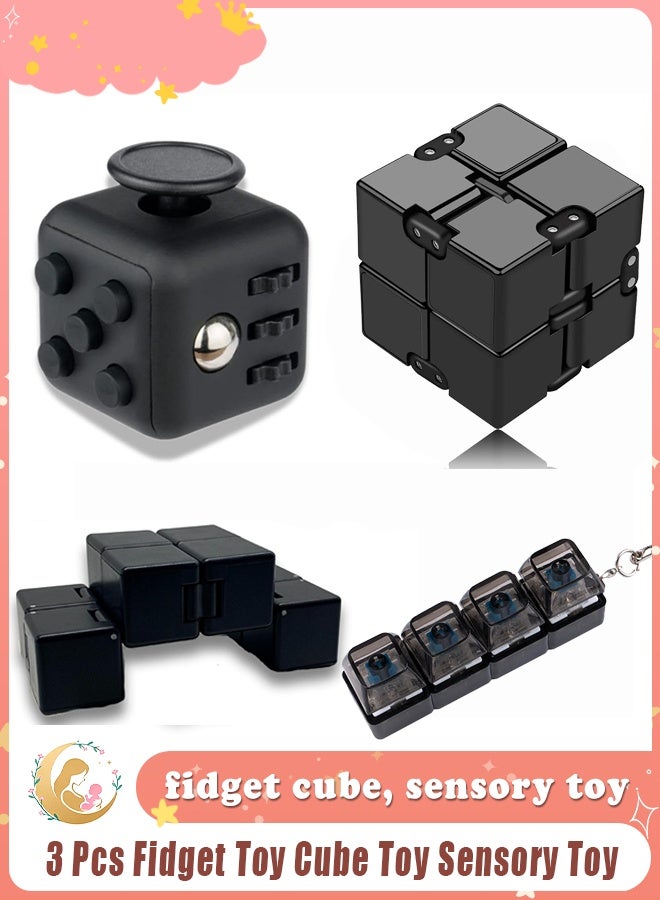BEBLOSSOM 3-piece fidget toy set – fidget cube, sensory toy, infinity cube and spinner, stress relief and anxiety relief finger toys for kids and adults, portable desk toys and office gift (black) - Image 1