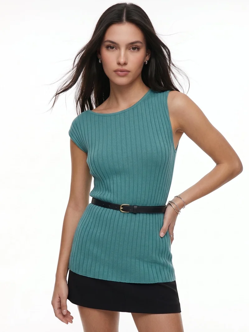 أوجيدر Blue Flat Knit Ribbed Top With Belt