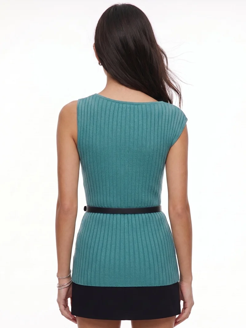 Outzidr  Blue Flat Knit Ribbed Top With Belt for Women | Best Price UAE