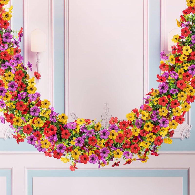 Ammyoo Artificial Flowers Garland Ivy, 4 Pack 5.9 FT Spring Summer Decor UV Resistant Fake Mums Floral Vine Silk Daisy Hanging Flower for Home Garden Wedding Decor Photo Booth Backdrop(Red purple yellow) - Image 3