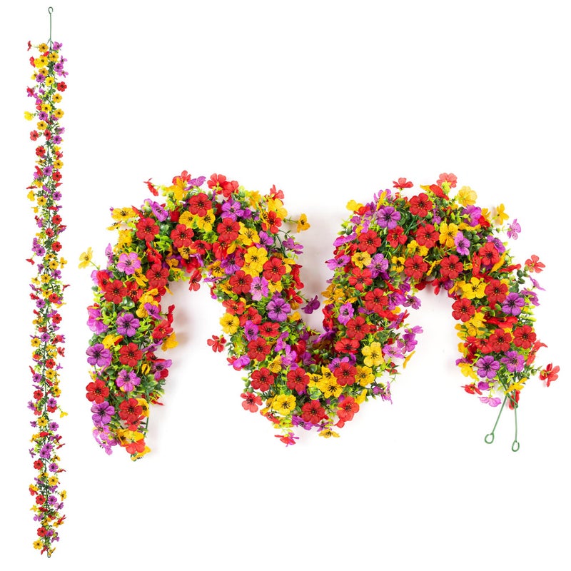 Ammyoo Artificial Flowers Garland Ivy, 4 Pack 5.9 FT Spring Summer Decor UV Resistant Fake Mums Floral Vine Silk Daisy Hanging Flower for Home Garden Wedding Decor Photo Booth Backdrop(Red purple yellow) - Image 1