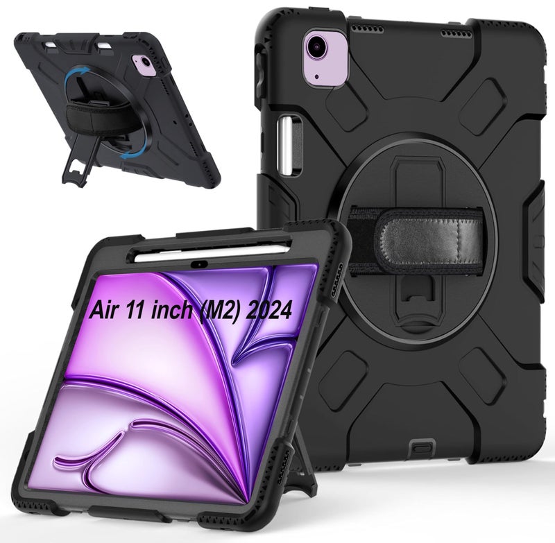 TGK Heavy Duty Hybrid Case Cover for iPad Air 11 Inch M4/M3/M2 2026/2025/2024 & Air 5th Gen 2022/iPad Air 4th Gen 2020 10.9 Inch with Rotating Stand, Handle and Pen Holder Black - Image 1