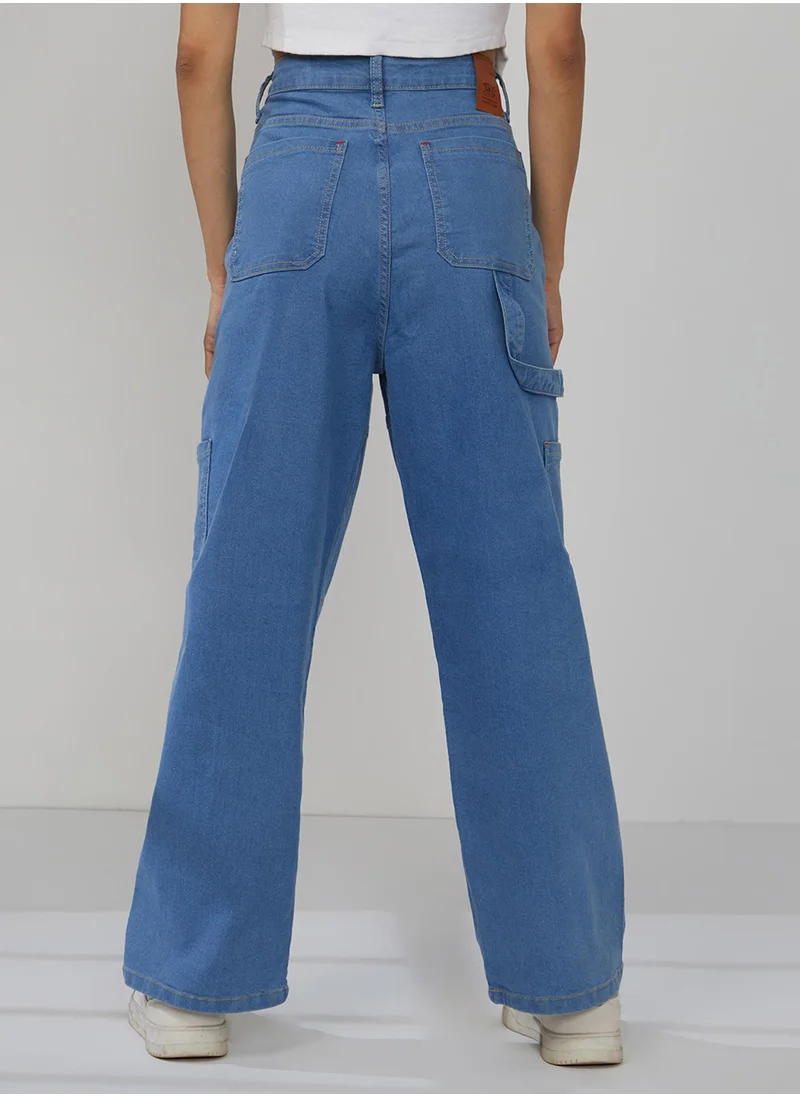 PINACOLADA Women's Light Blue Straight Fit Cargo Denim Jeans