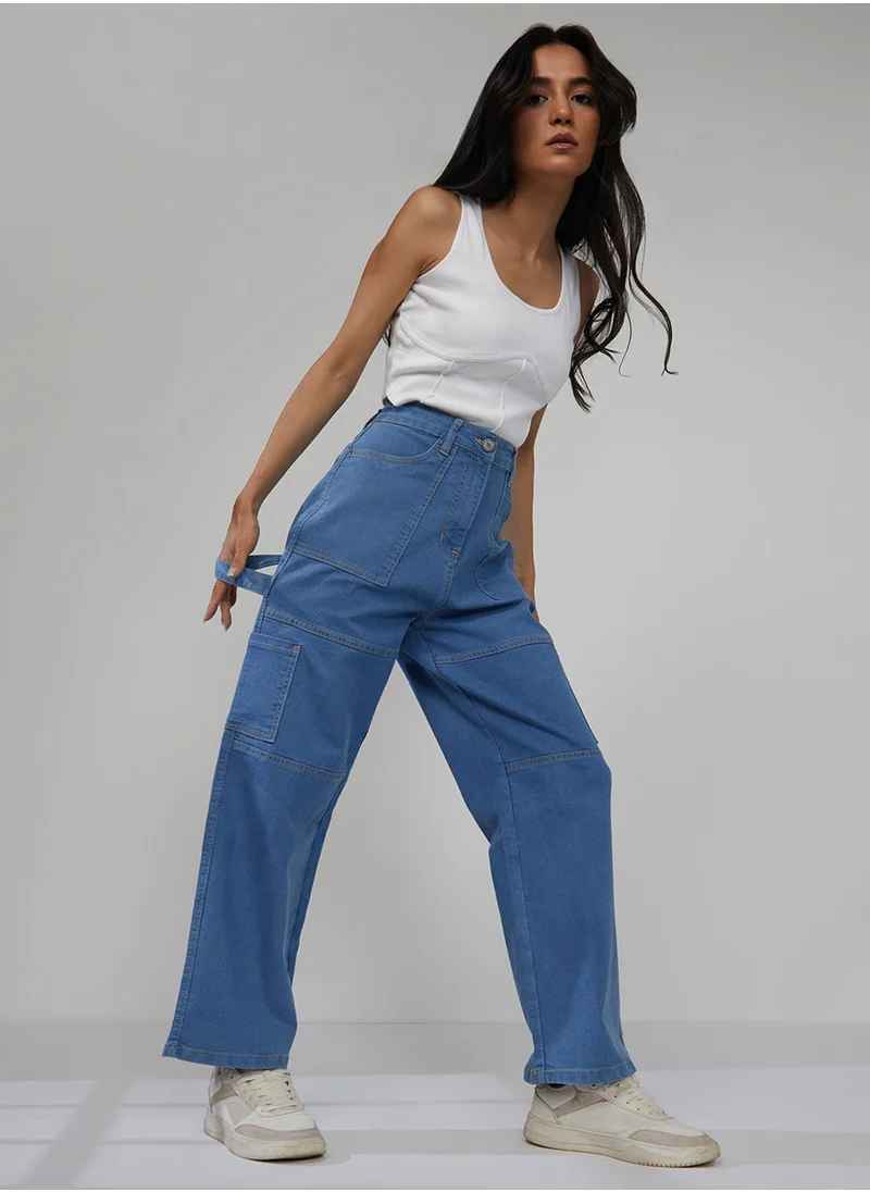 PINACOLADA Women's Light Blue Straight Fit Cargo Denim Jeans