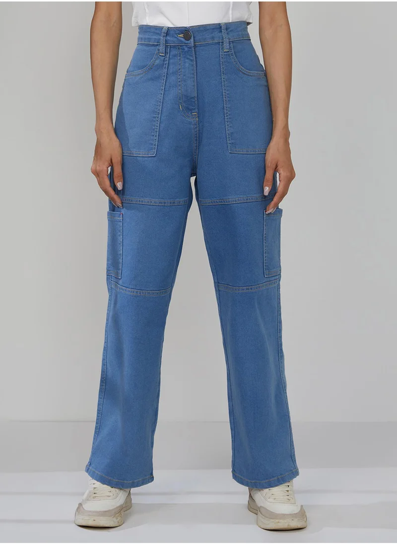 PINACOLADA Women's Light Blue Straight Fit Cargo Denim Jeans