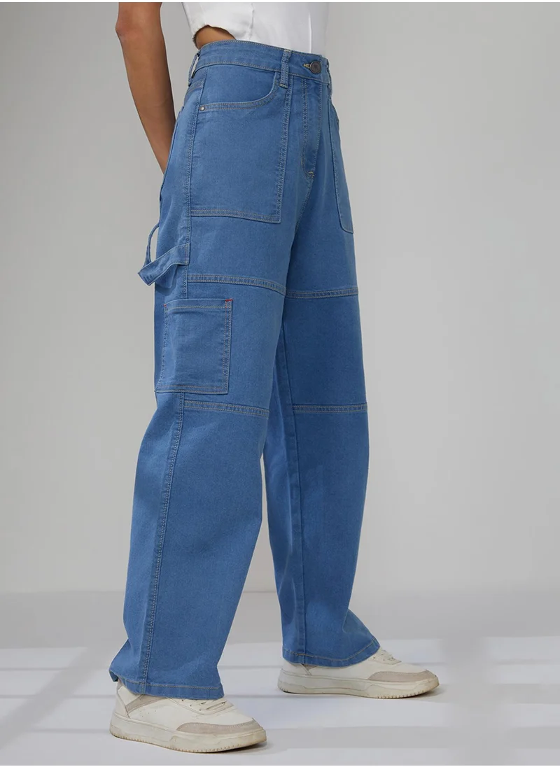 PINACOLADA Women's Light Blue Straight Fit Cargo Denim Jeans