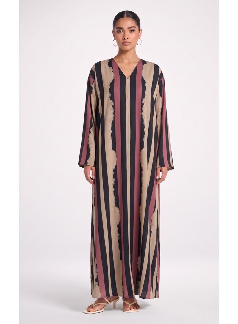 Next Abaya Luxury Symmetrical Vertical Stripe Print Silk Closed Abaya Burgundy and Black Maxi Dress - Image 1