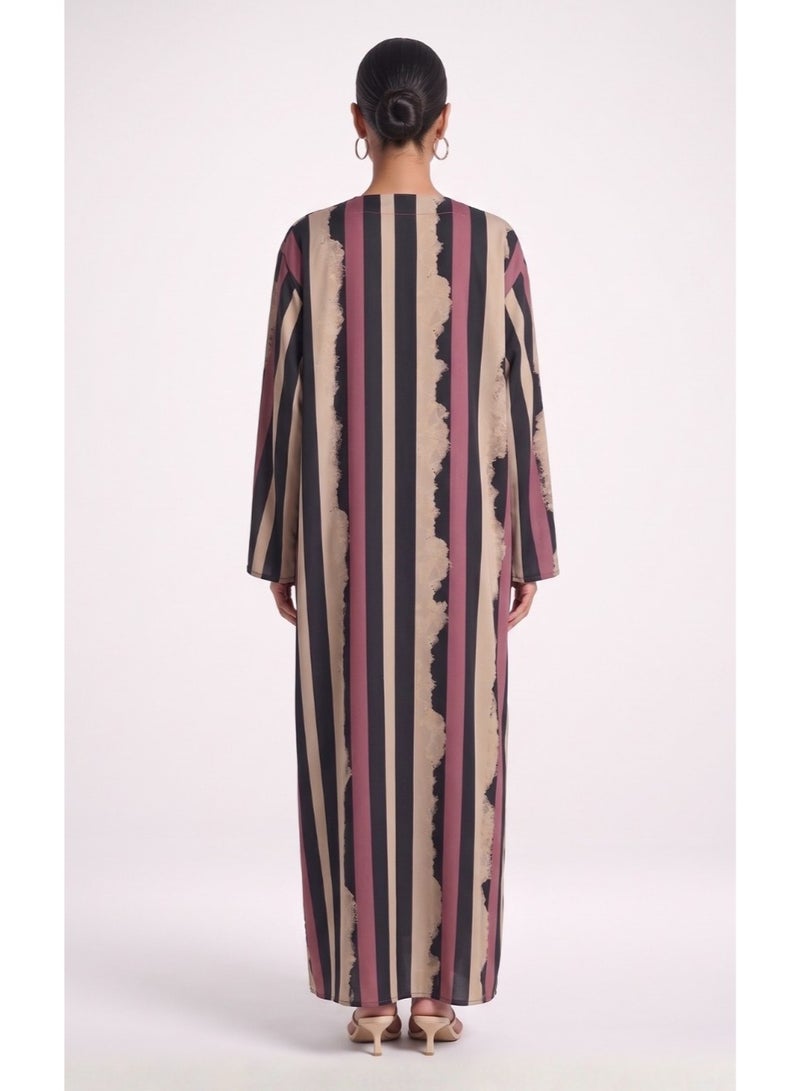 Next Abaya Luxury Symmetrical Vertical Stripe Print Silk Closed Abaya Burgundy and Black Maxi Dress - Image 2