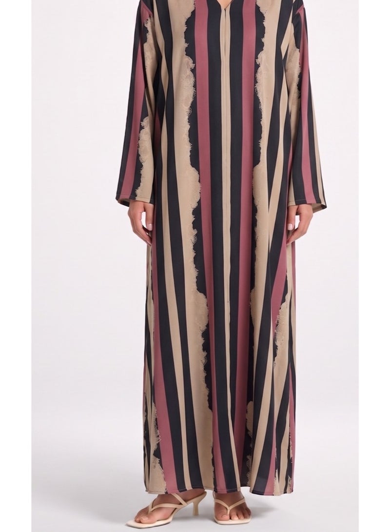 Next Abaya Luxury Symmetrical Vertical Stripe Print Silk Closed Abaya Burgundy and Black Maxi Dress - Image 3