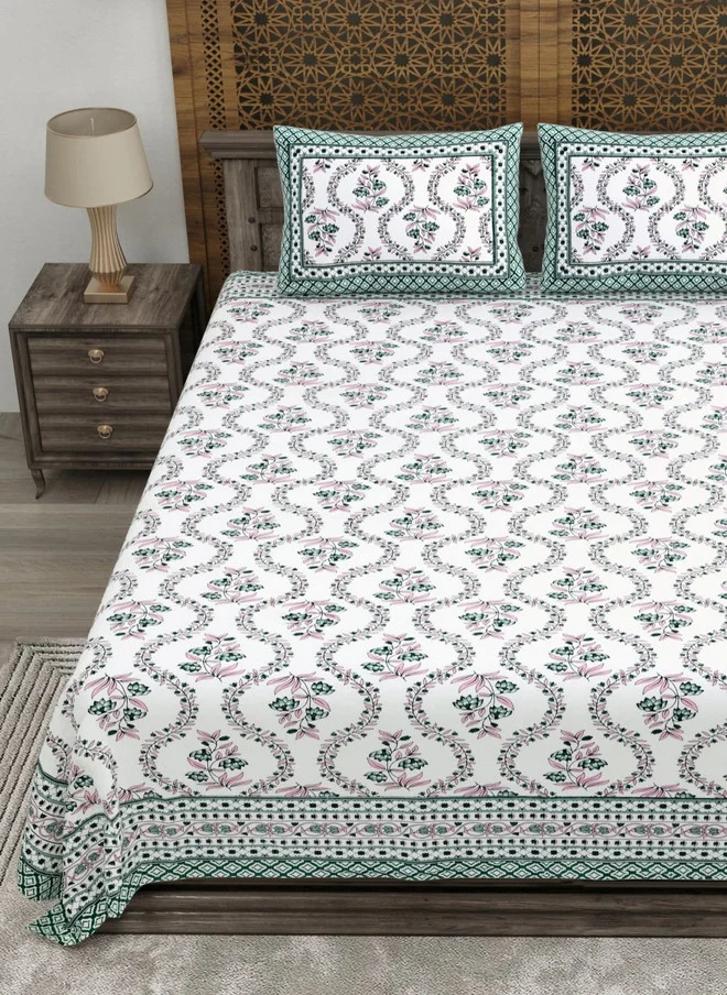 CLOTHOLOGY CLOTHOLOGY White Floral Printed Pure Cotton 180 TC Double King Bedsheet Set