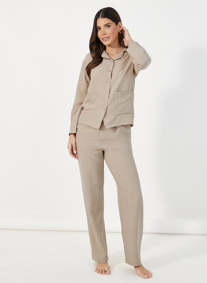 Styli Front Double Pockets Shirt & Pants Pyjama Set  - Image 1