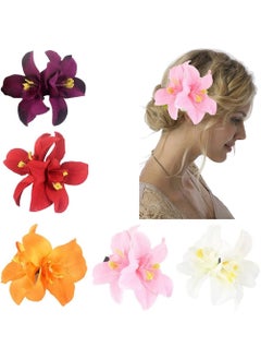 Elandy 5PCS Big Double Chiffon Orchid Flower Bohemian Flowers Hair Clips Hair Pins Bridal Hair Accessories Tropical Flower Hairpin Hairclips Headpiece for Beach Wedding Party 