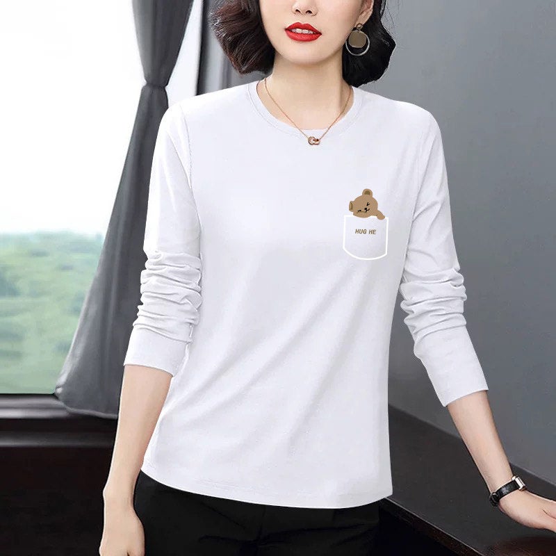 Pure cotton casual popular long-sleeved t-shirt for women's autumn 2025 new loose plus-size versatile age-reducing top with front shoulder - Image 3