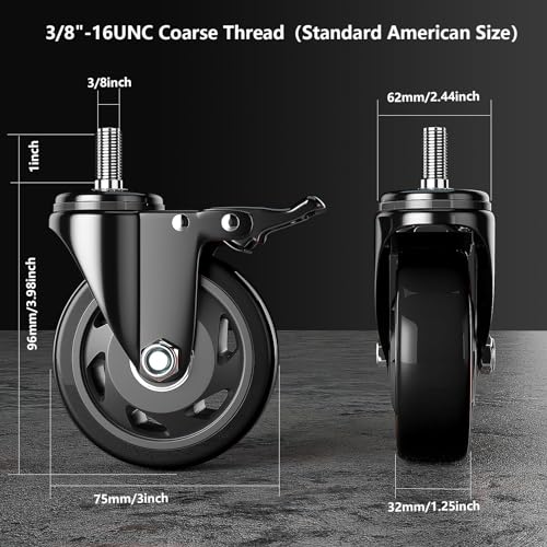 YUPEZOP Black 3 inch Total Locking Stem Casters with American Size 3/8''-16x1'' Thread Dual Locking Wheel with Brakes - Image 3
