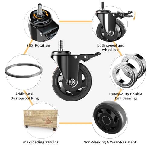 YUPEZOP Black 3 inch Total Locking Stem Casters with American Size 3/8''-16x1'' Thread Dual Locking Wheel with Brakes - Image 4