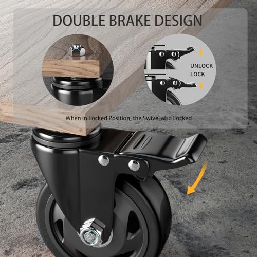 YUPEZOP Black 3 inch Total Locking Stem Casters with American Size 3/8''-16x1'' Thread Dual Locking Wheel with Brakes - Image 5