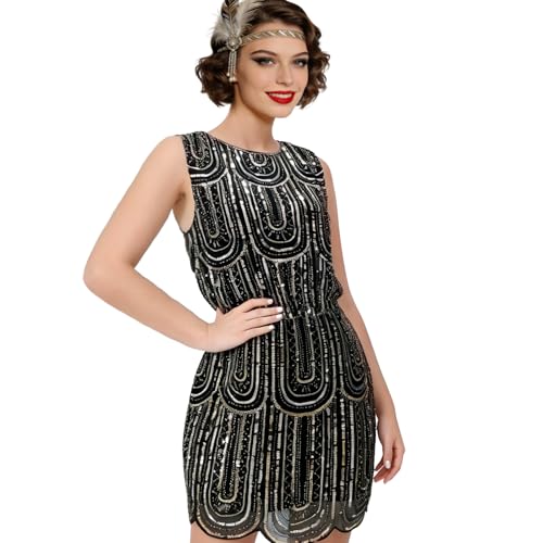 ELECLAND Women's 1920s Vintage Sequin Dress Sleeveless Round Neck Elastic Waist Flapper Dress for Gatsby Party, Evening, Prom (Black Gold, L/XL) - Image 1