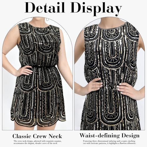 ELECLAND Women's 1920s Vintage Sequin Dress Sleeveless Round Neck Elastic Waist Flapper Dress for Gatsby Party, Evening, Prom (Black Gold, L/XL) - Image 4