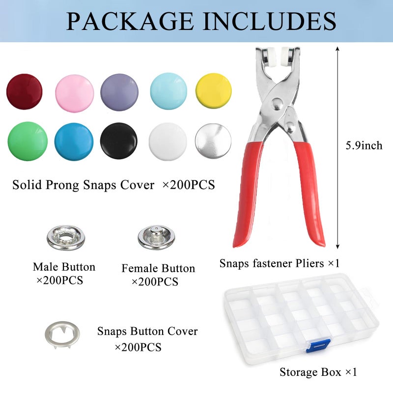GTAAOY 800PCS Metal Snaps Buttons with Fastener Pliers Press Tool Kit Perfect for DIY Crafts Clothes Hats and Sewing, Snap Button Fasteners Kit for Clothing Sewing(200 Sets,10 Colors,9.5mm) - Image 4