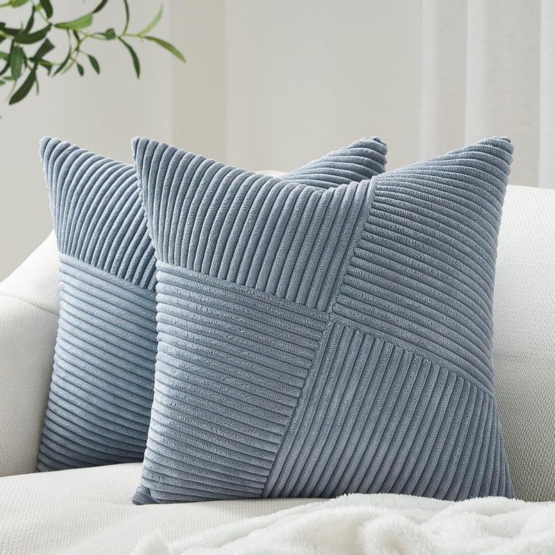 Topfinel Dusty Blue Throw Pillow Covers 18x18 Set of 2, Soft Corduroy Couch Decorative Pillow Covers Windmill Textured Striped Patchwork Cushion Cover for Bedroom Living Room Boho Home Decor - Image 1
