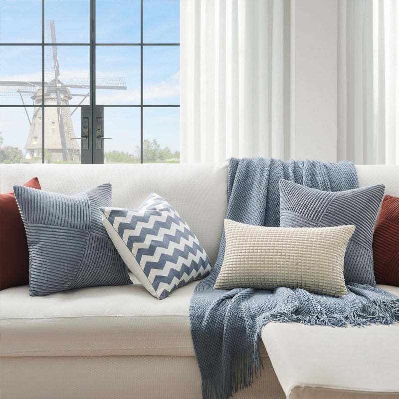 Topfinel Dusty Blue Throw Pillow Covers 18x18 Set of 2, Soft Corduroy Couch Decorative Pillow Covers Windmill Textured Striped Patchwork Cushion Cover for Bedroom Living Room Boho Home Decor - Image 2