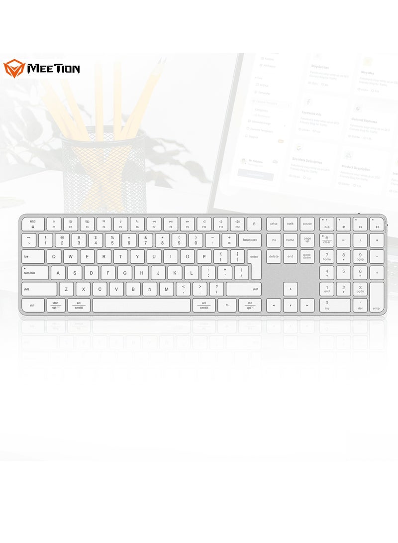 MEETION Full Keys 2.4G and Bluetooth Three Modes Keyboard ikey K230 Scissor Key Switch Keycaps With a 109 Key Full-Sized Layout Ultra-Slim Dual Mode Wireless Keyboard (English+Arabic, Silver) - Image 4