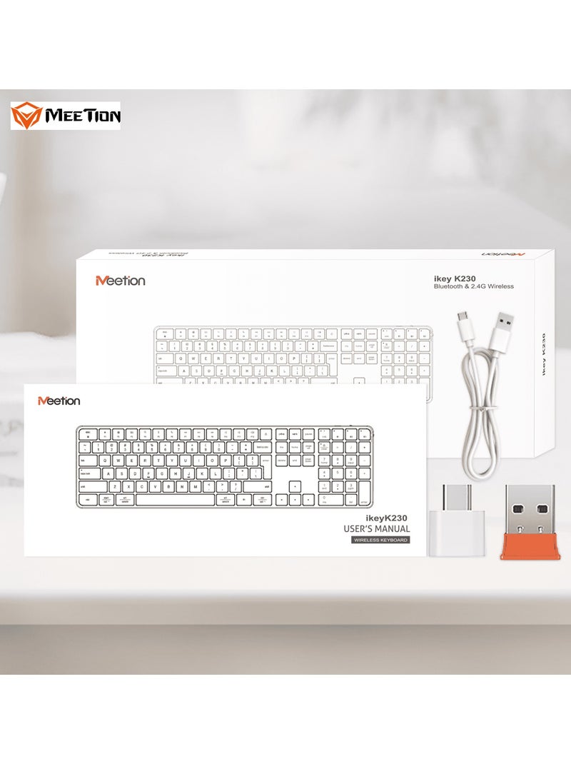 MEETION Full Keys 2.4G and Bluetooth Three Modes Keyboard ikey K230 Scissor Key Switch Keycaps With a 109 Key Full-Sized Layout Ultra-Slim Dual Mode Wireless Keyboard (English+Arabic, Silver) - Image 2