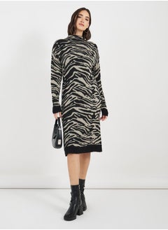 Turtle Neck Patterned Sweater Knee Length Dress