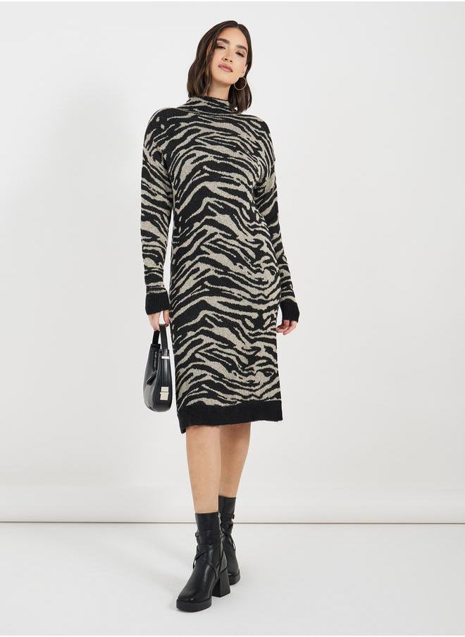 Styli - Turtle Neck Patterned Sweater Knee Length Dress - Image 1