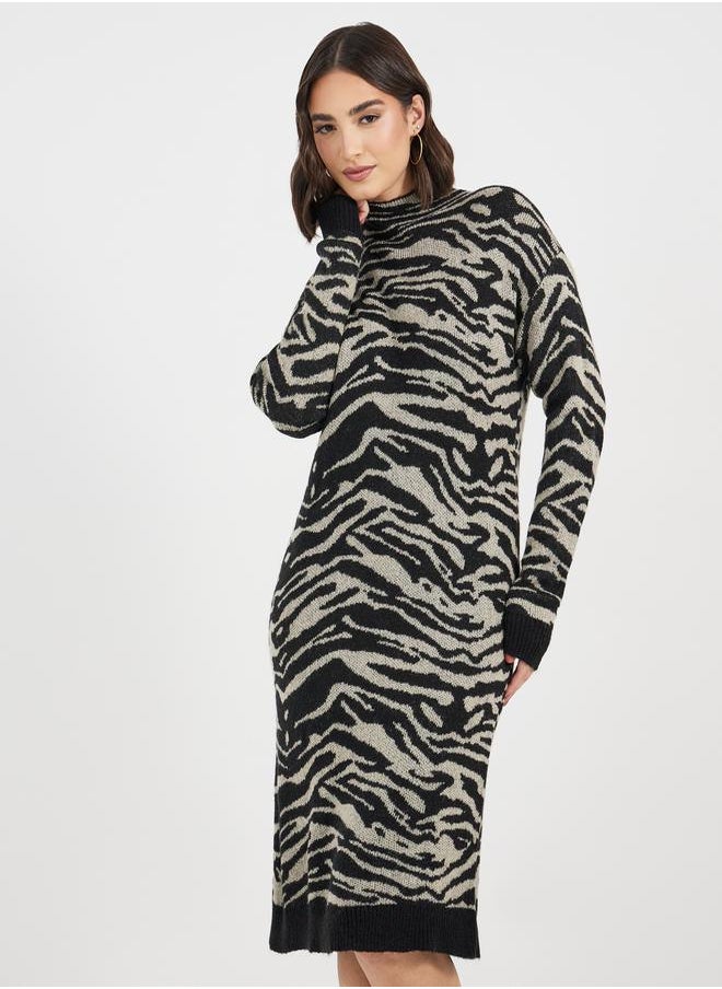 Styli - Turtle Neck Patterned Sweater Knee Length Dress - Image 1
