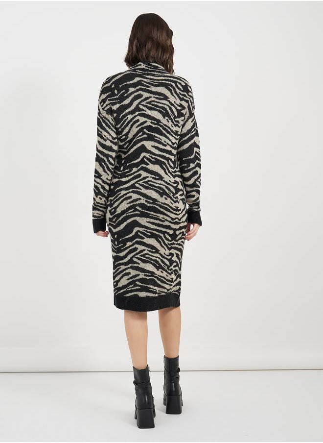 Styli - Turtle Neck Patterned Sweater Knee Length Dress - Image 1