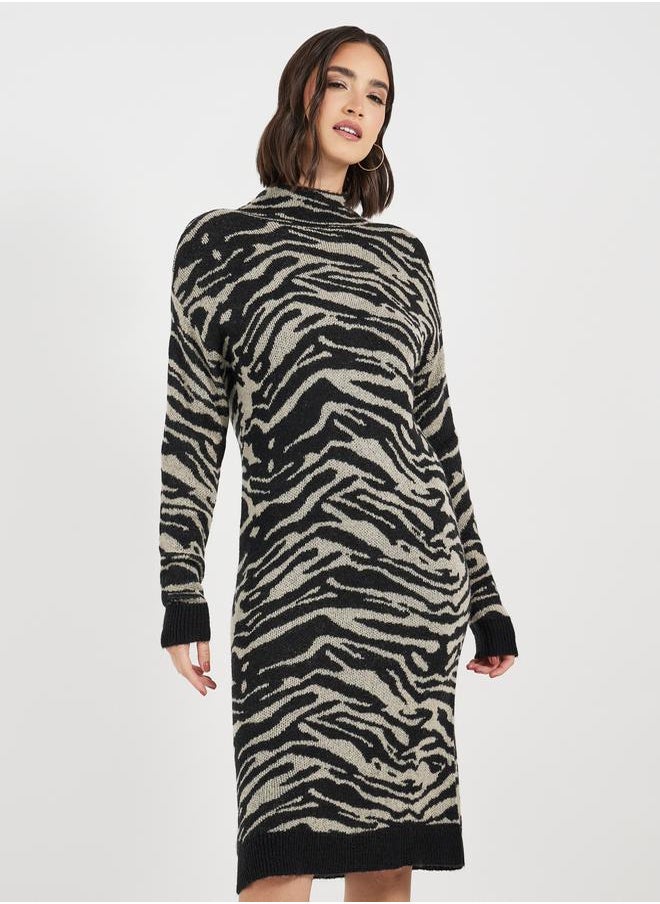 Styli - Turtle Neck Patterned Sweater Knee Length Dress - Image 1