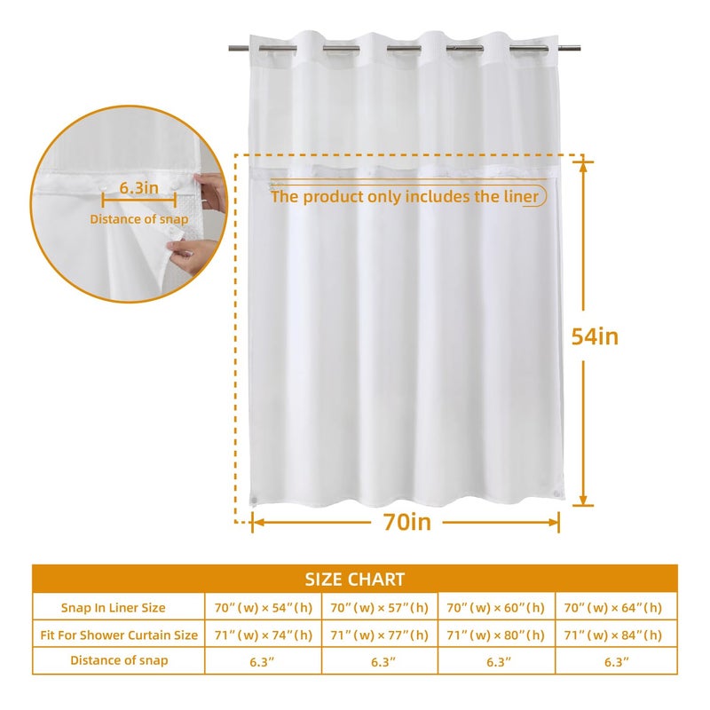 eachope 2 Pack Fabric Snap-in Shower Curtain Liner Replacement,Compatible with Hookless Shower Curtain with Snap in Liner, Removable & Water-Repellent,Machine Washable,70x54,White - Image 2