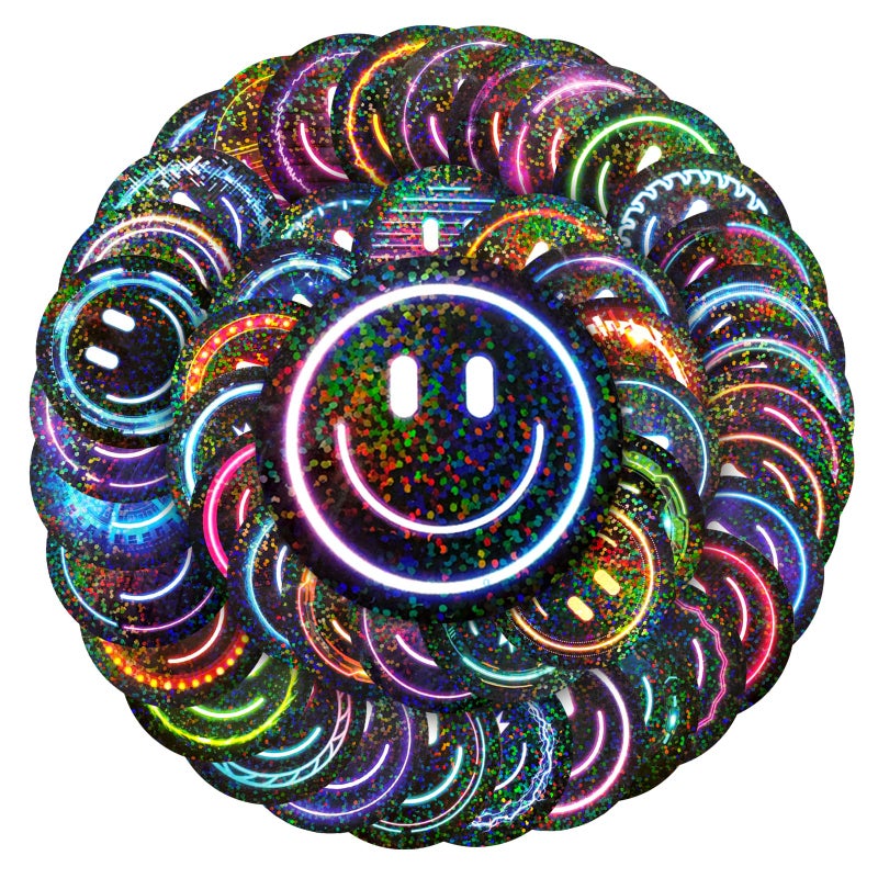 Wercokt 50PCS Smiling Glitter Neon Stickers, Cute Water Bottle Stickers for Kids, for Teaching Rewards, Notebooks, Stationery, Luggage, Cartoon PVC Happy Glitter Stickers - Image 1