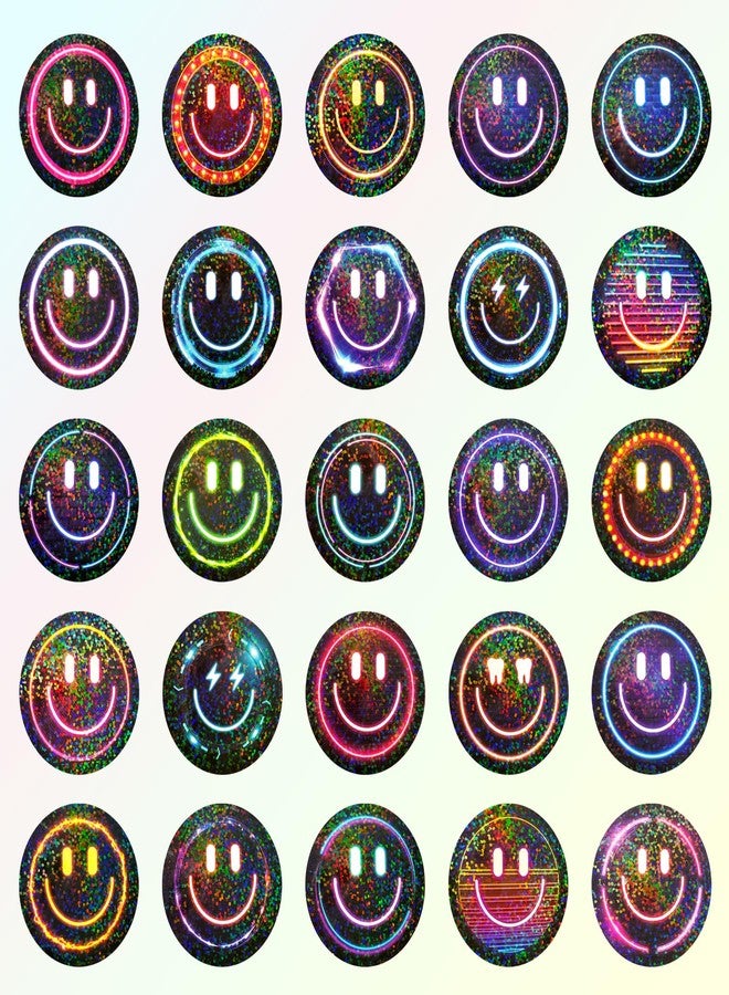 Wercokt 50PCS Smiling Glitter Neon Stickers, Cute Water Bottle Stickers for Kids, for Teaching Rewards, Notebooks, Stationery, Luggage, Cartoon PVC Happy Glitter Stickers - Image 2