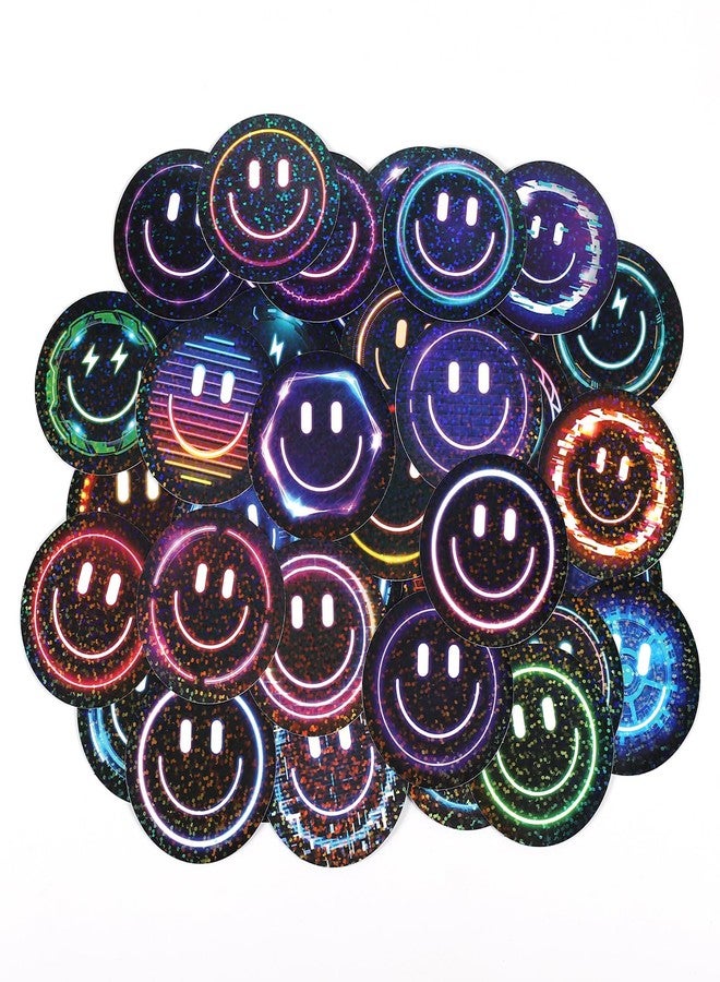 Wercokt 50PCS Smiling Glitter Neon Stickers, Cute Water Bottle Stickers for Kids, for Teaching Rewards, Notebooks, Stationery, Luggage, Cartoon PVC Happy Glitter Stickers - Image 5