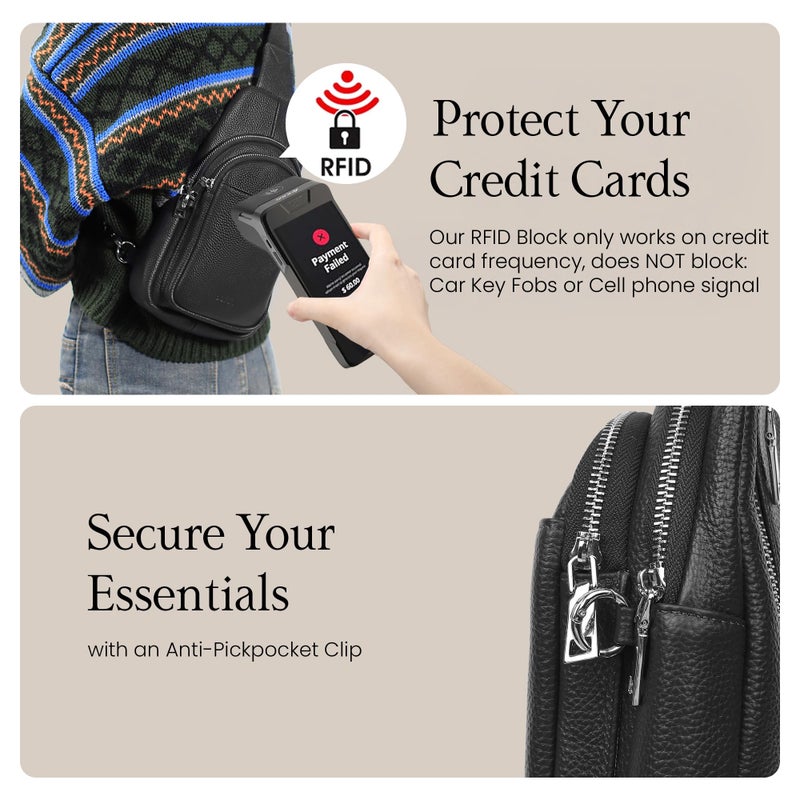 befen Black Genuine Leather Small Sling Bag for Women Anti-Theft Crossbody Bags Fanny Packs Chest Bag for Travel with RFID Blocking Card Slots - Image 3