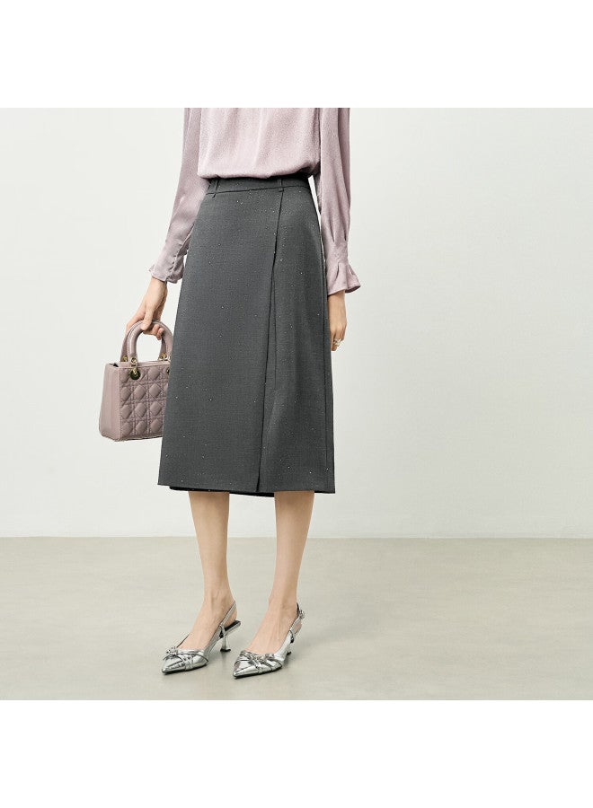 Yanyee High Waist Straight Mid-length Skirt For Women  Early Autumn Asymmetric Slit Elegant Skirt Gray S - Image 1